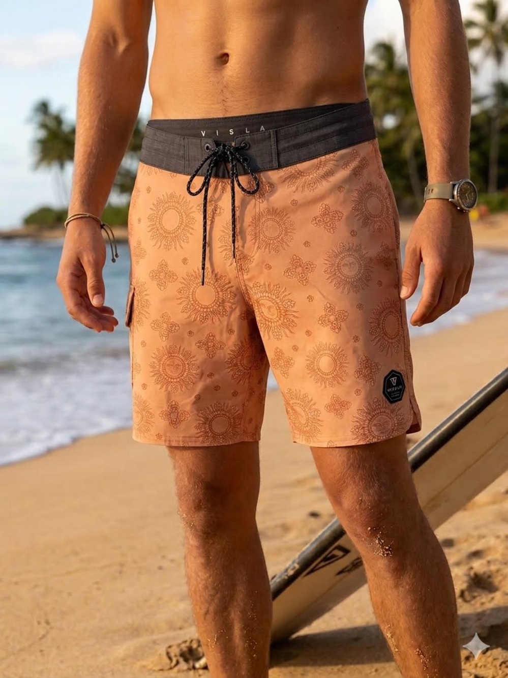 VISSLA "Sun God" Sunburst Print Boardshorts in Peach with Black Waistband